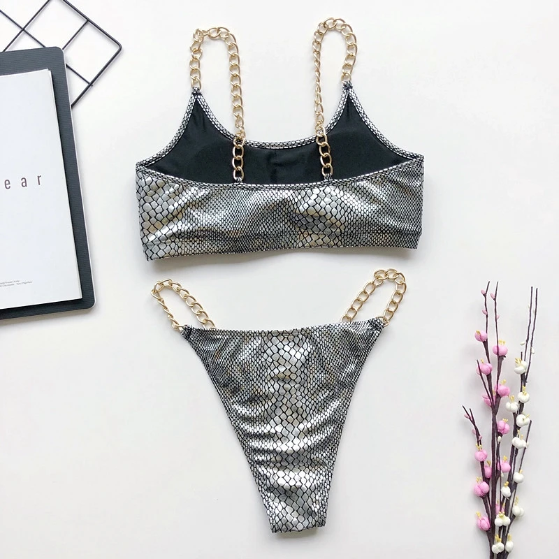 

Snake Print Bikini 2021 Sexy Thong Swimsuit Separate Bandeau Bikini Set Push-Up Chain Strap Brazilian Swimwear Biquini Two Piece