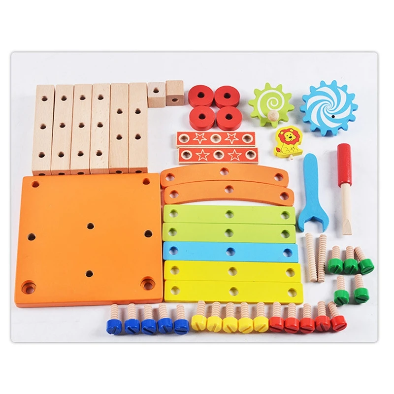 

Wooden Assembling Chair Toys Baby Wooden Toy Preschool Multifunctional Variety Nut Combination Chair Tool