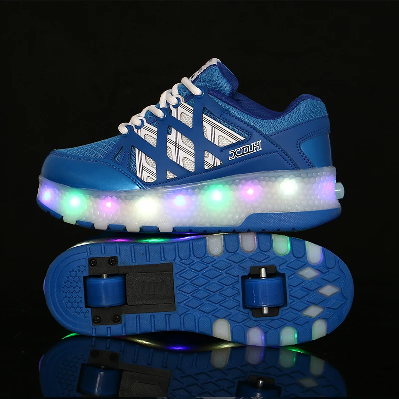 Детские светящиеся кроссовки с двумя колесиками, обувь для роликов, светодиодная подсветка, унисекс, красного и синего цвета от AliExpress WW