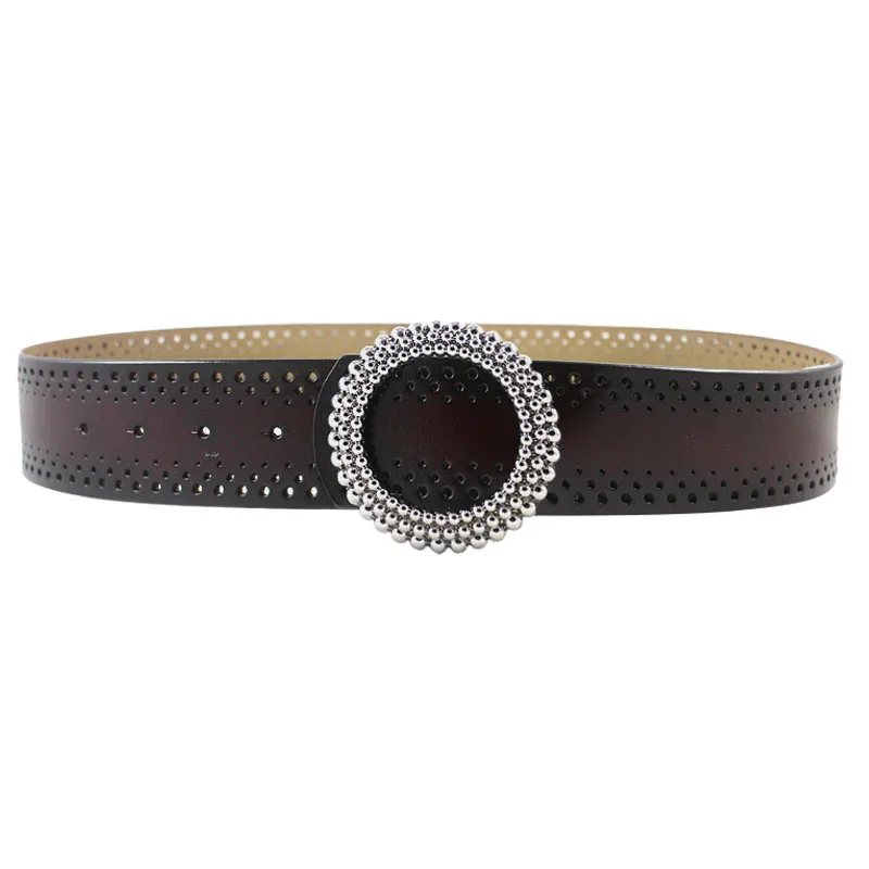 Fashion Women Vintage Hollow Genuine Leather Wide Belt Metal Beads Round Buckle Decorative Belts For Dress Waistband For Jeans