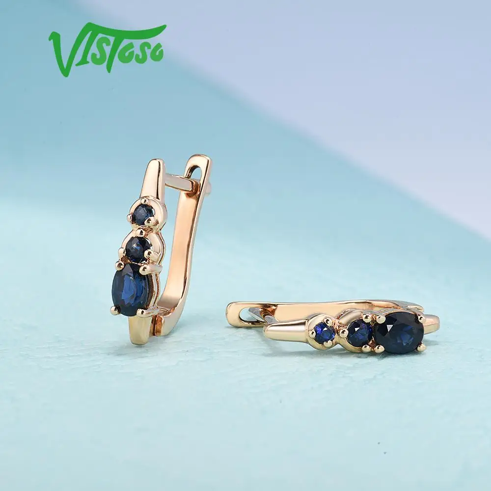 VISTOSO золотые серьги для женщин 14K 585 розовое золото сверкающий синий сапфир