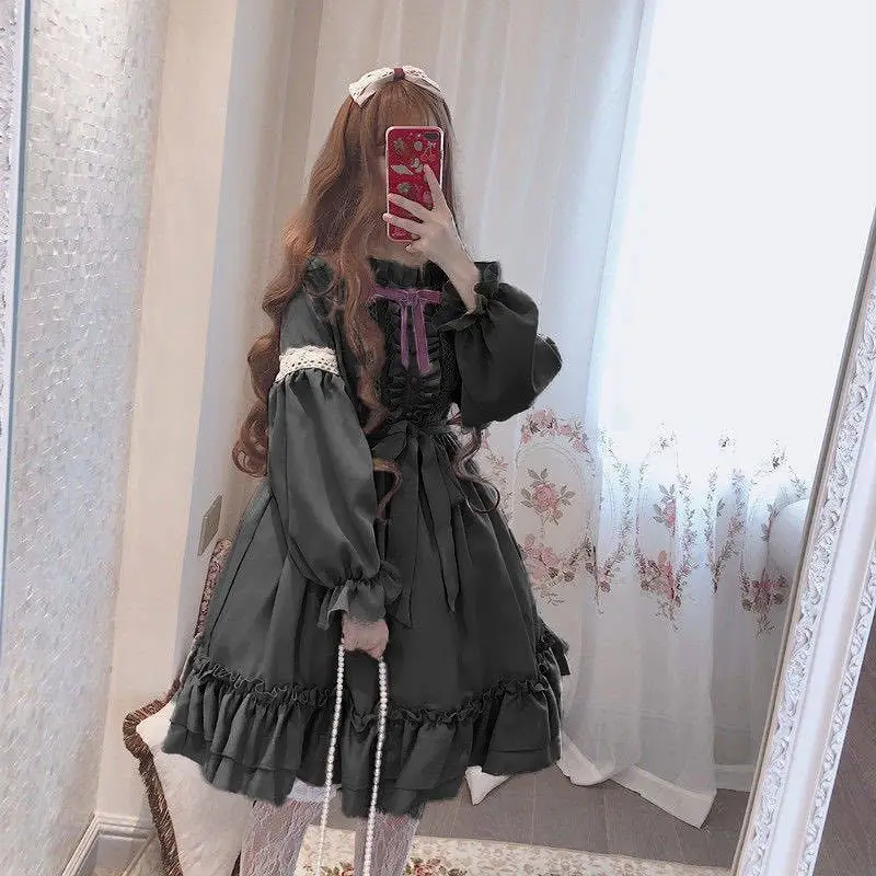 

Women's Lace Bowknot Gothic Dress Summer Goth Punk Black Dress Halloween Lolita Maid Cosplay Costume