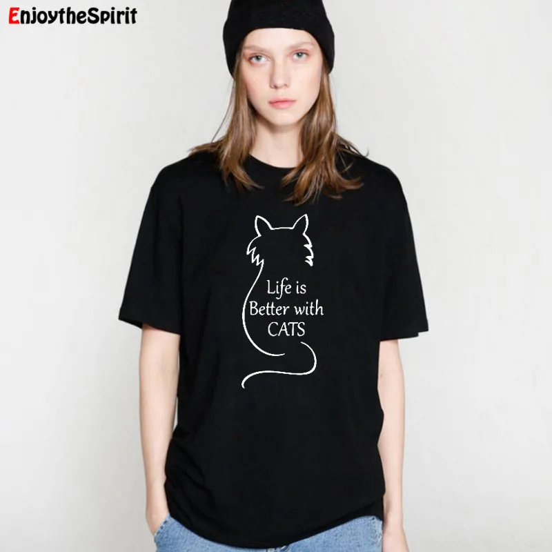 Enjoythespirit Life Is Better with Cats женская футболка с буквенным принтом короткий рукав черные
