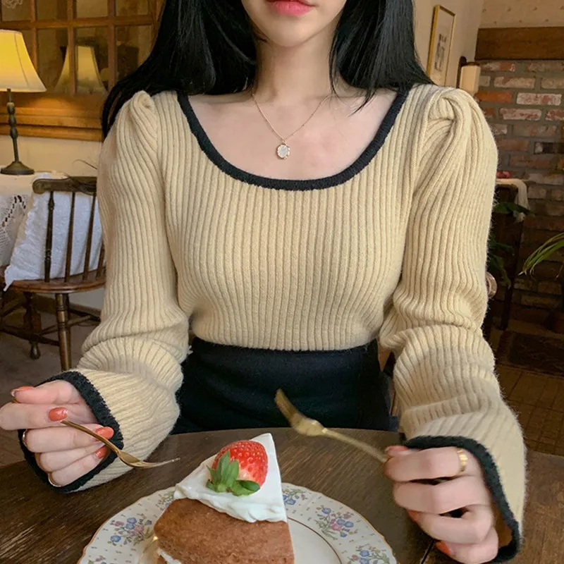 RealShe свитера с квадратным воротником Женские однотонные длинным рукавом и