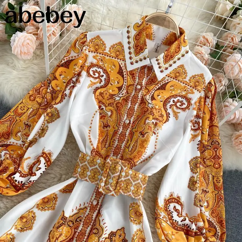 

Vintage Dress Fashion Printed Bubble Sleeve Printing Chiffon Elegant Dress Turn-down Collar Collect Waist Hit Color Vestidos