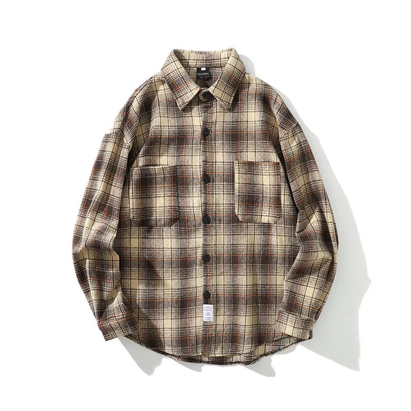 Men Shirt Thick 2021 New Arrival Spring And Autumn Pocket Checkered Loose Stripe Male Shirt Korean Style Green Khaki S132