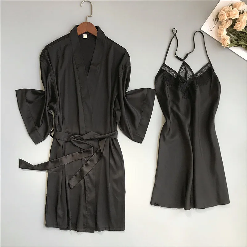 Розовые пижамные комплекты весенний женский халат платье костюм Сексуальная