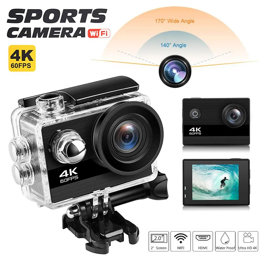 4K Ультра HD экшн-Камера Wi-Fi HD спортивные Камера широкоугольный объектив с фокусным расстоянием 4 K/60fps видео 2400W пикселей 2-дюймовый ЖК-дисплей 100FT Водонепроницаемый Камера