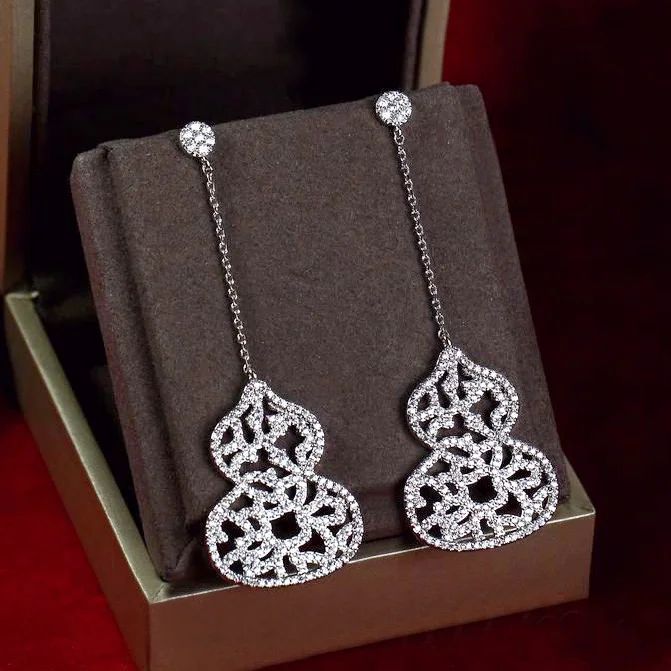 

Fashion Elegant shinning Hollow gourd shaped Cubic zirconia stone Long Drop Earrings Women Jewelry White Gold Color Female