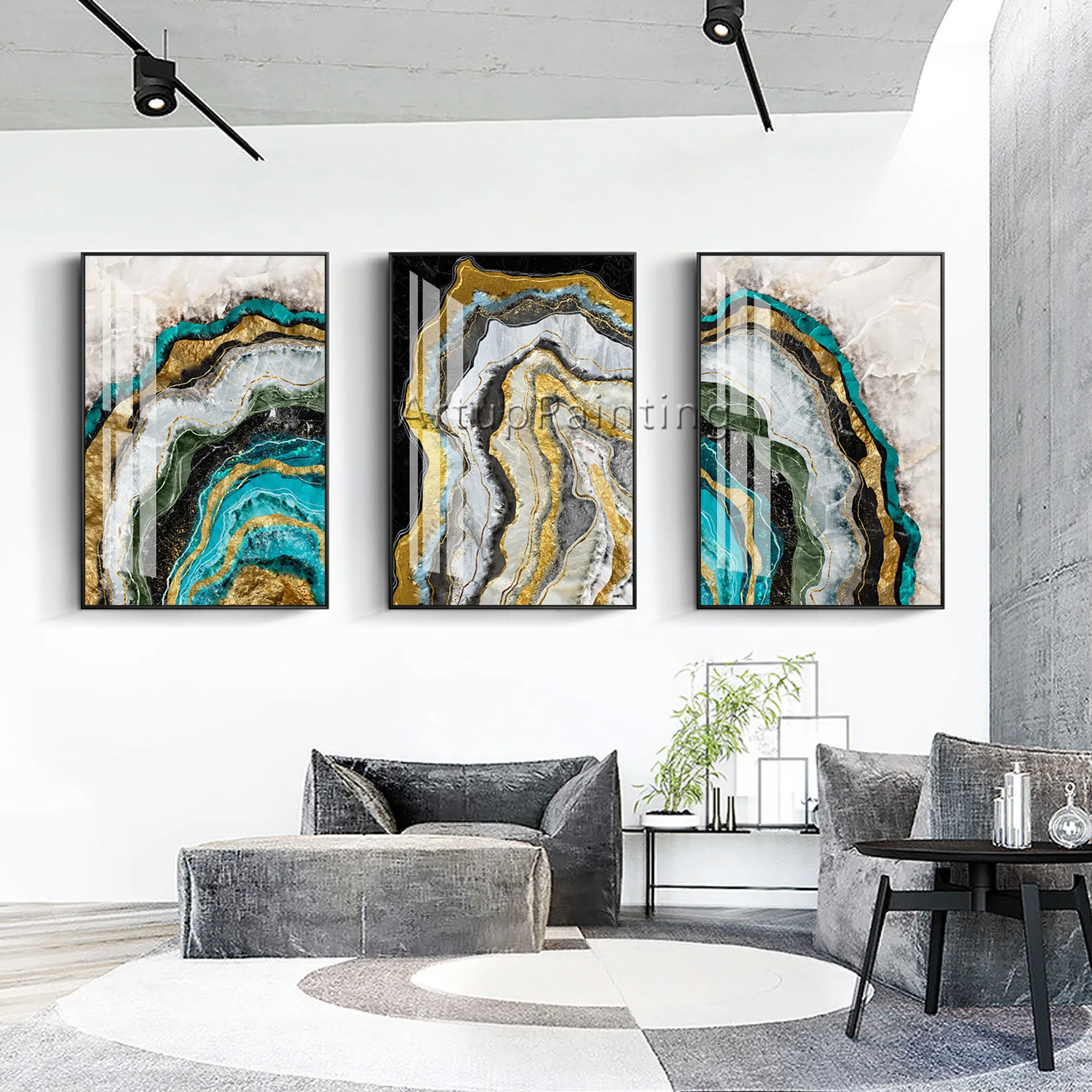 

Set of 3 Modern abstract Gold green oil painting on canvas hand painted wall art pictures for living room decoration wall decor