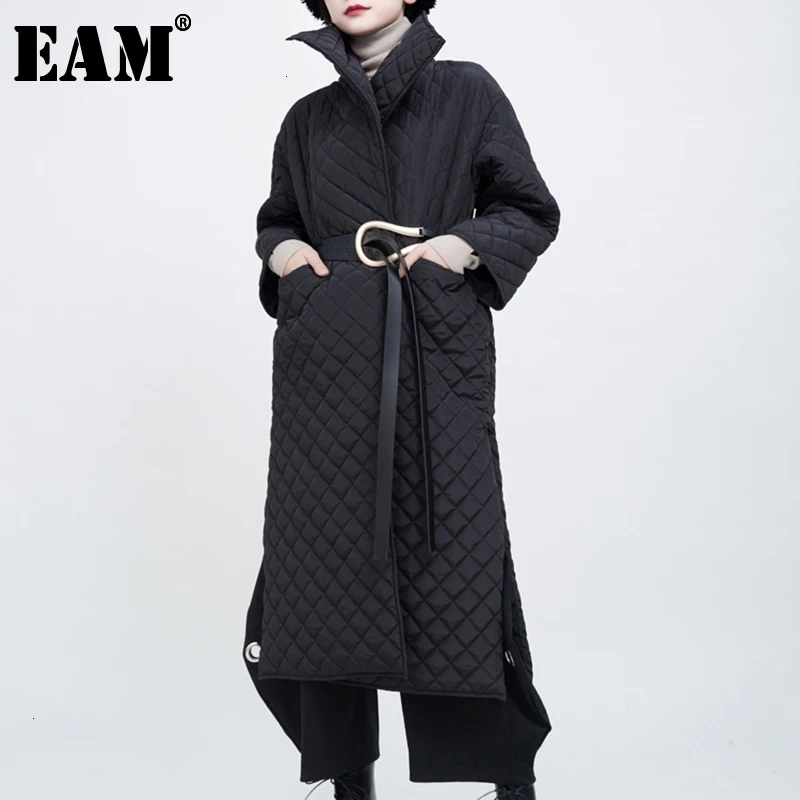 

[EAM] Black Split Big Size Cotton-padded Coat Long Sleeve Loose Fit Women Parkas Fashion Tide New Spring Autumn 2022 1N035
