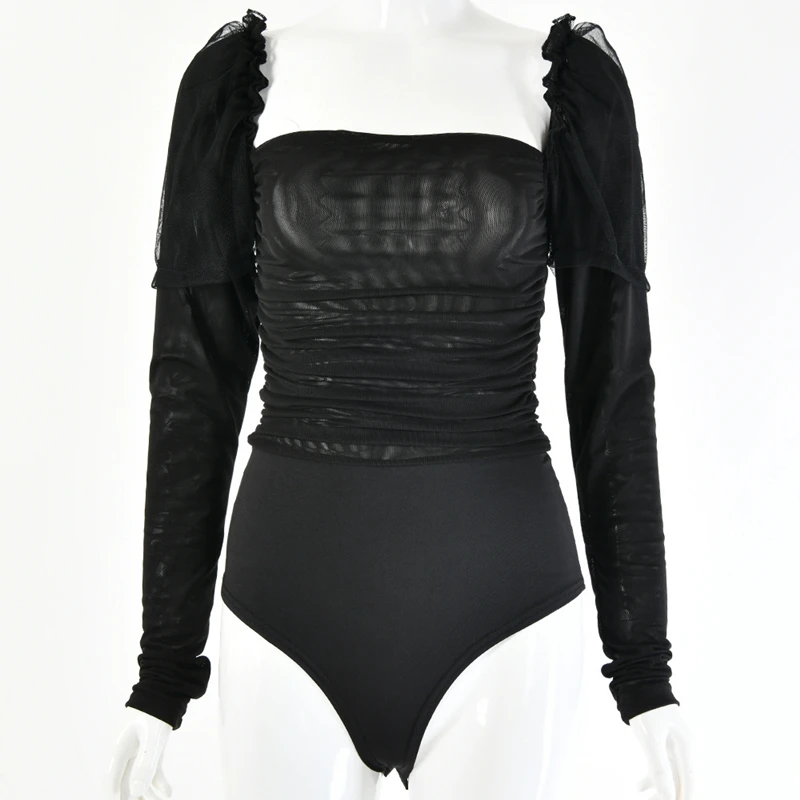 

Black Body Suits For Women 2021 Spring Summer Outfits Mesh Bodysuit Long Sleeve Sexy See Through Square Collar Romper Jumpsuits