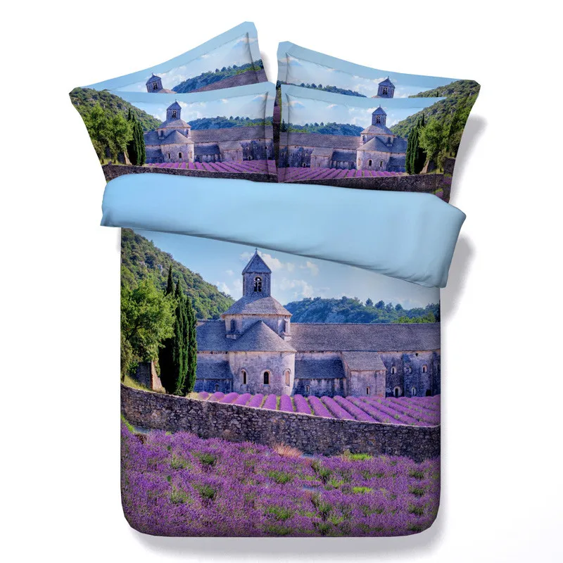 

3pcs 3d purple lavender&castle bedding set no filling quilt cover twin/full/queen/king/super king size edredones duvet cover set