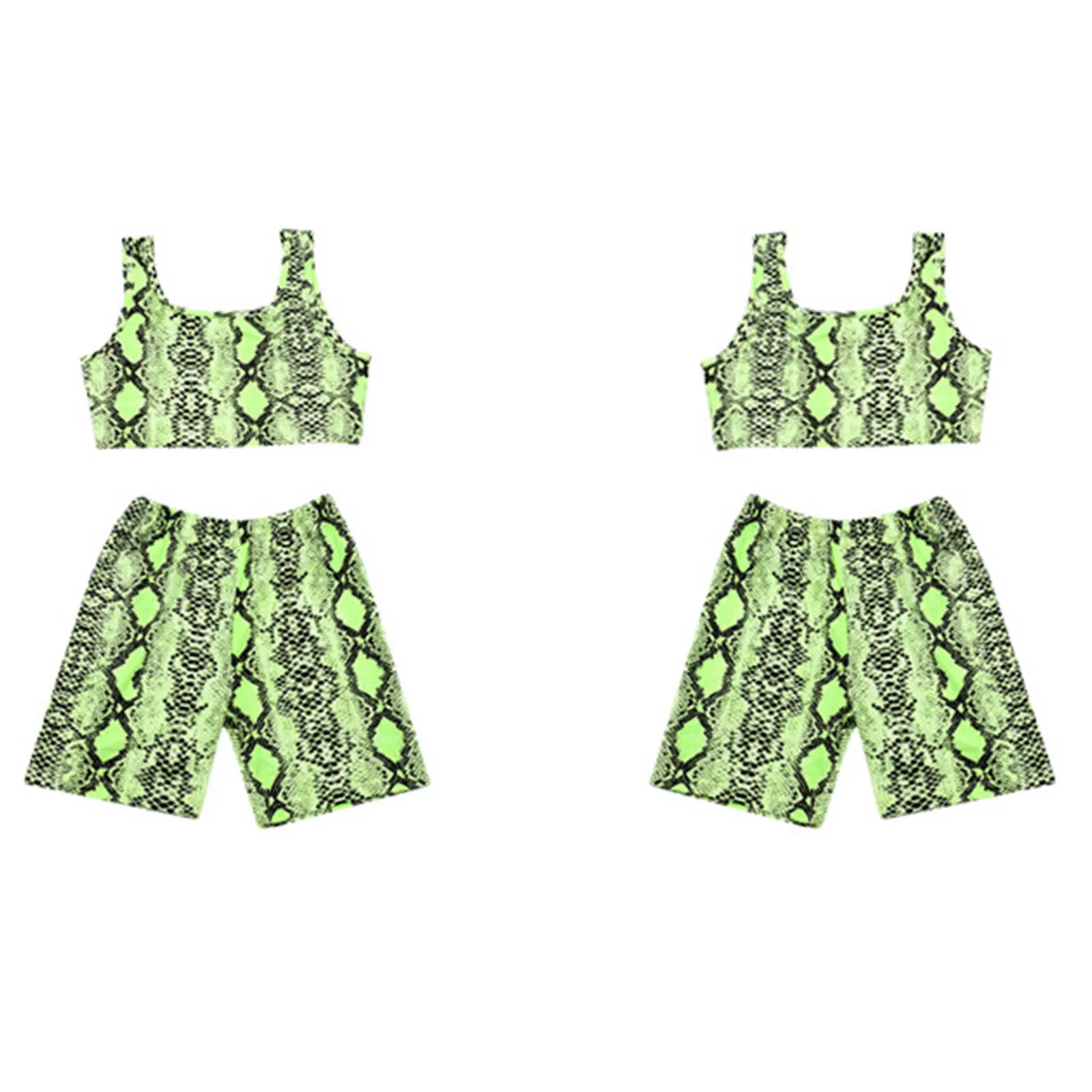 

Kids Girls Summer Fitness Outfit Snakeskin Pattern Suit U Neck Wide Shoulder Straps Sleeveless Cropped Vest Tops and Shorts Set