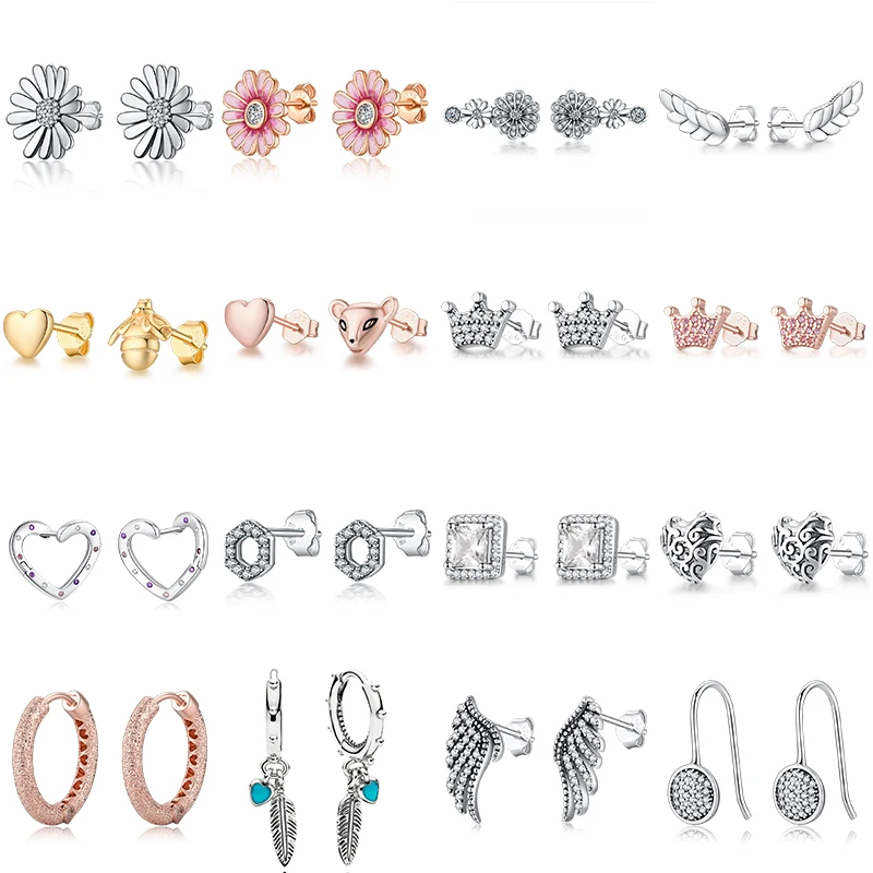 16 стильных сережек серебристого цвета с короной сверкающими ромашками цветами