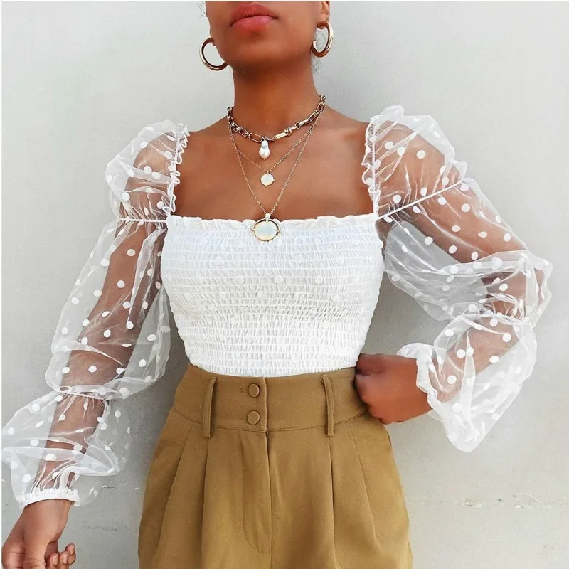 

Women's Ruffled Halter Shirt Mesh Sexy See-through Puffy Sleeves Wrapped Breast Top 2021 Spring and Summer Ladies Polka Dot Top