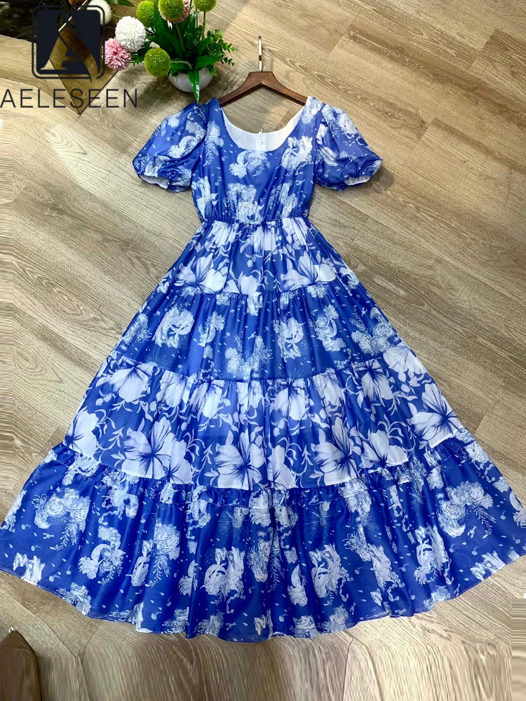 

AELESEEN 2022 Spring Summer Women's Blue Dress Runway Fashion Puff Sleeve Flowel Printed Elegant Ruffles Pink Belt Long Party