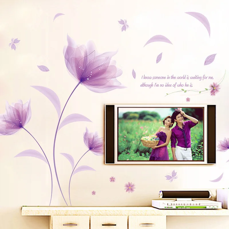 

Romantic Purple Flowers Wall Sticker Love Living Room Bedroom for Home Decor Art Decals Sofa TV Background Decal Wallpaper