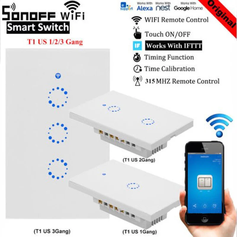 Sonoff T1 ЕС США Великобритания умный Wifi настенный выключатель света сенсорный/WiFi/RF/APP пульт дистанционного управления умный дом настенный сенсорный переключатель с Alexa Google Home T2