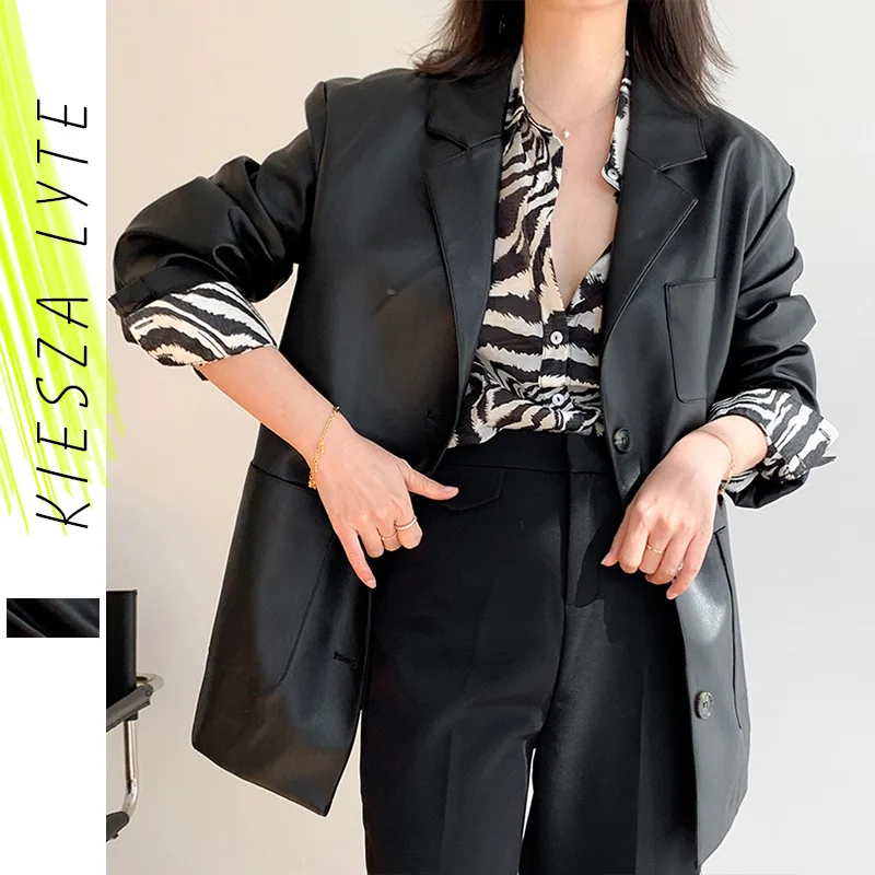 Fashion Notched PU Jacket Women Casual Faux Leather Jacket 2022 Spring Suit Jackets Office Ladies Female Outwear Streetwear