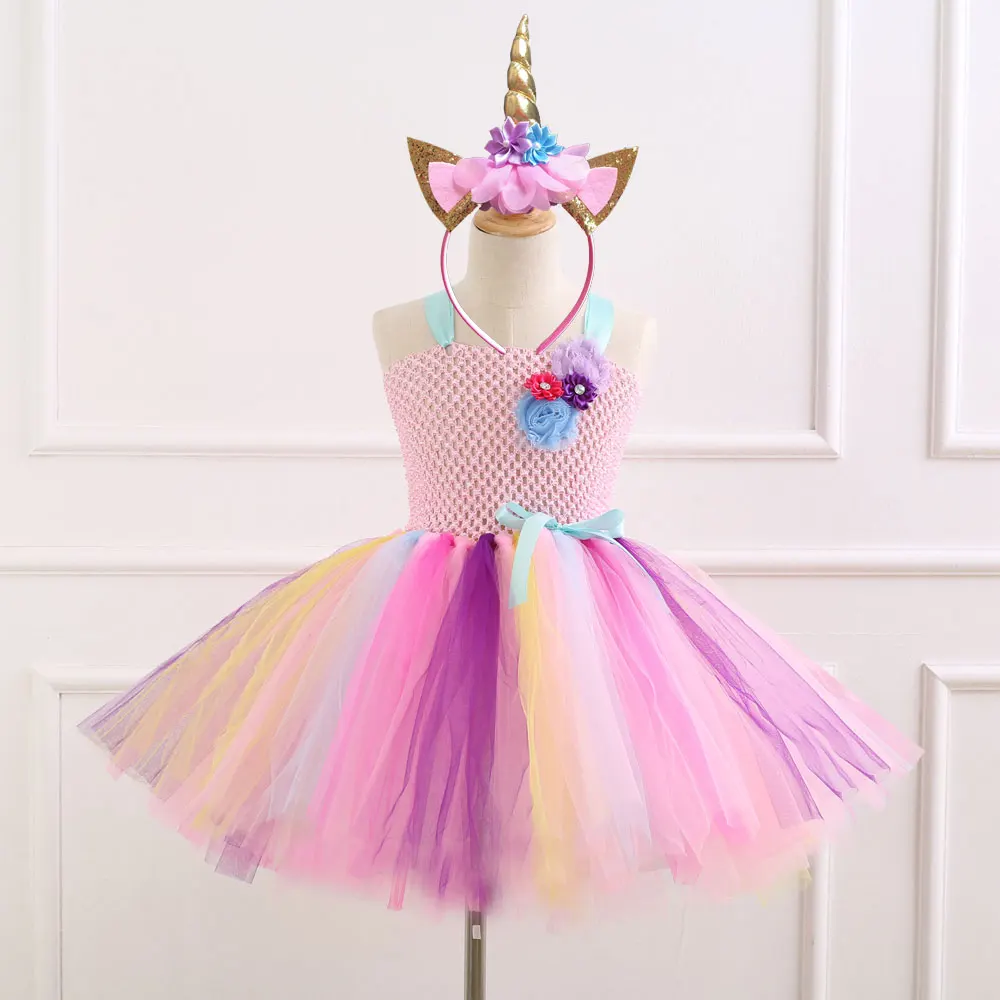7 Style Flower Girls Unicorn Tutu Dress With Headband Fancy Girl Party Rainbow Tulle Princess Kids Halloween Costume | Детская одежда и