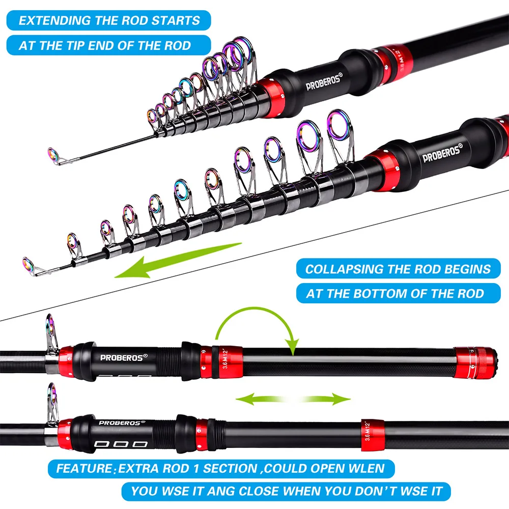 

PROBEROS 1.8m-3.6m Telescopic Casting Fishing Combo Portable Ultralight Rod and 5.2:1 Gear Ratio Fishing Reel Fishing Tackle Kit