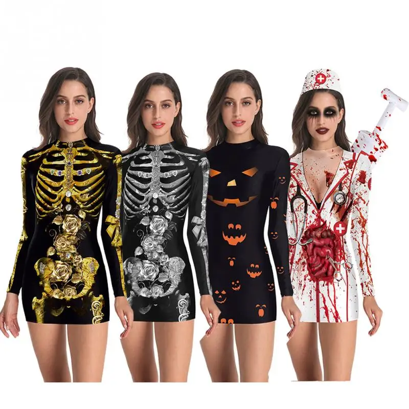 Women Halloween Role Play Dress Long Sleeve Crew Neck Charming Mini Nurse/Ghost Cosplay Costume for Masquerade Performance | Тематическая
