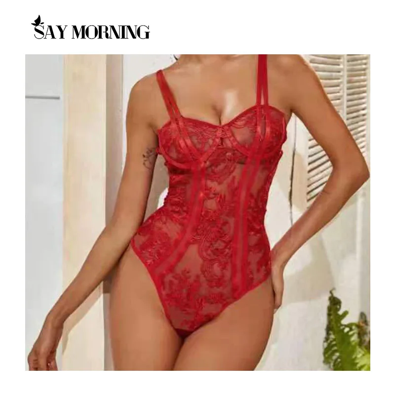 SAY MORNING 2022 Embroidered Hollow Sexy Women's Patchwork Bodysuit Underwear Set Lace Perspective One-Piece Erotic Lingerie |