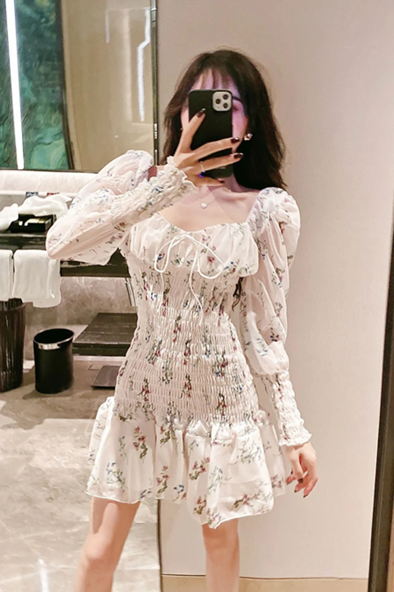 

COIGARSAM Sexy Ruffles Women Dress New Spring Cute Patchwork Floral Print Full Sleeve Belt Hollow Out Dresses 2091