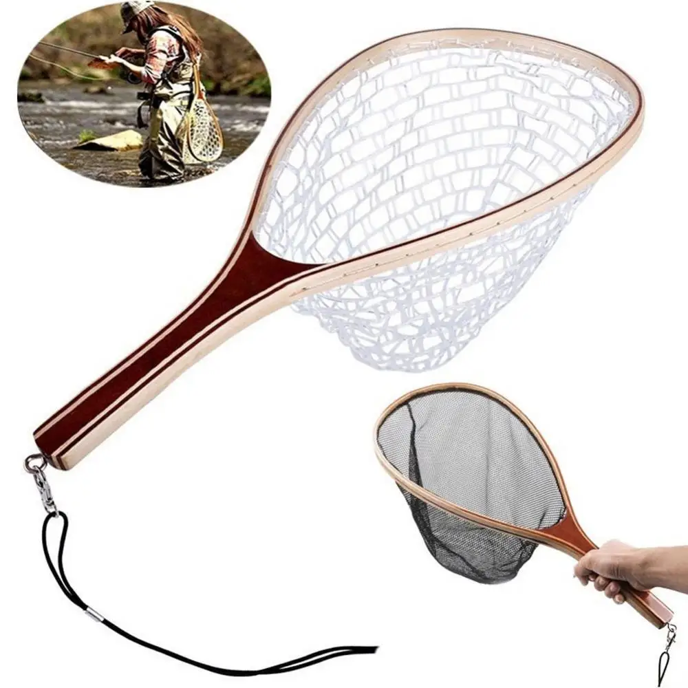 

Wooden Handle Rubber/Nylon Mesh Fly Fishing Landing Net Catch Release Scoop