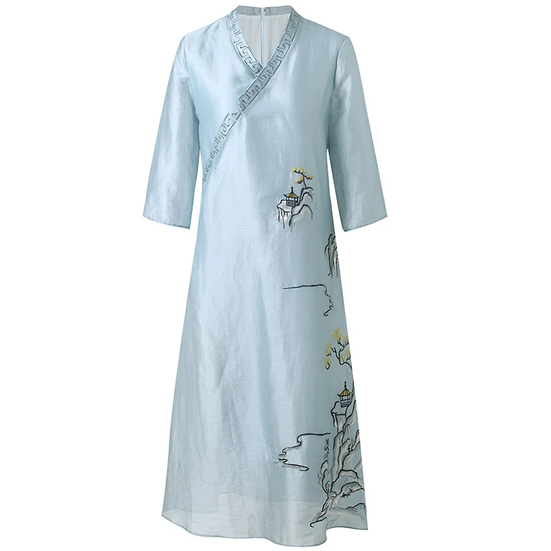 

Roy embroidered dress women's 2021 spring and summer fashion heavy industry show brush Tencel linen medium length temperament