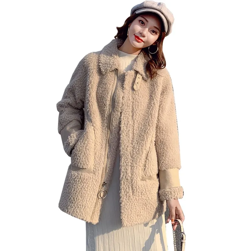 

Пальто из овечьей шерсти для женщин, зима 2020, новинка, свободный мех, один большой карман, длинный олень, замша, хлопок, одежда, свободное, бар...