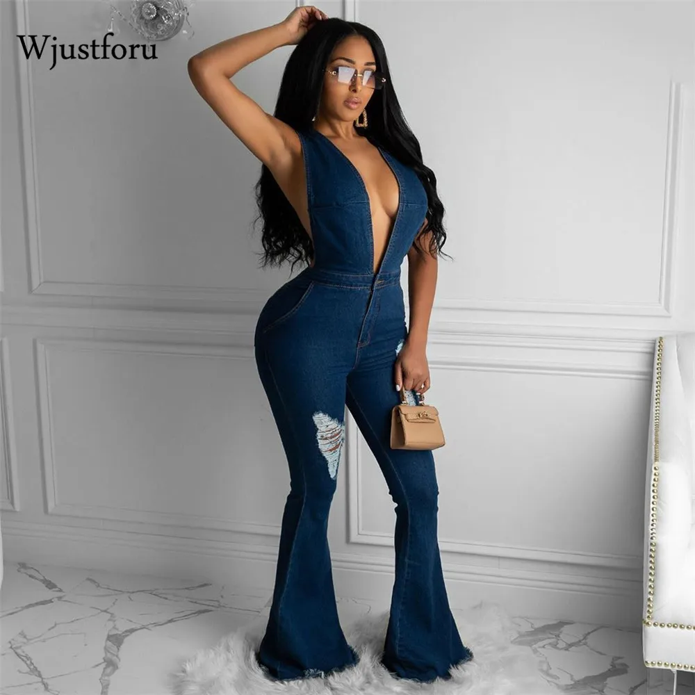 

Джинсовый комбинезон Wjustforu с открытой спиной, пикантные Брюки-клеш с лямками из денима, Модный комбинезон для клувечерние, повседневная жен...
