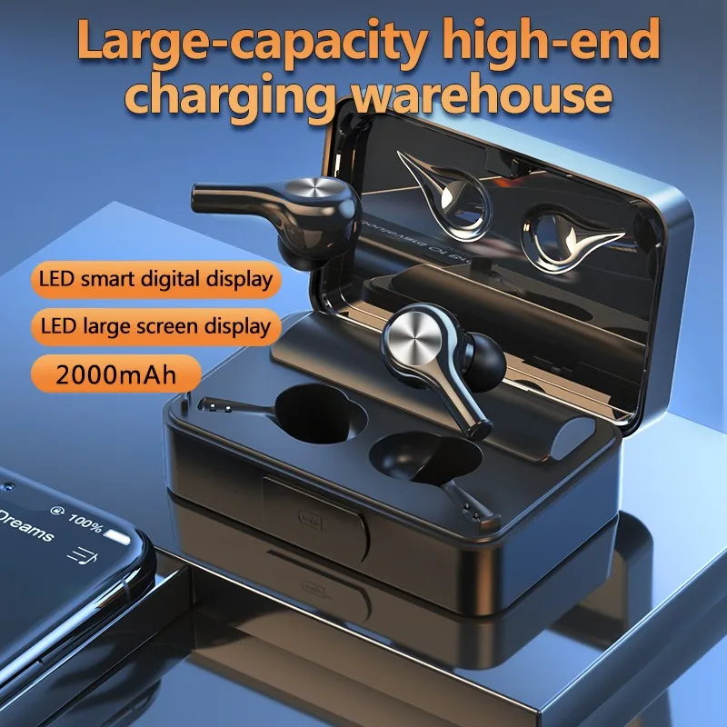 

TWS Bluetooth Earphones BT 5.2 Stereo Noise Reduction Wireless Headphones Waterproof Sport Headset With 2000mAh Charging Box&Mic