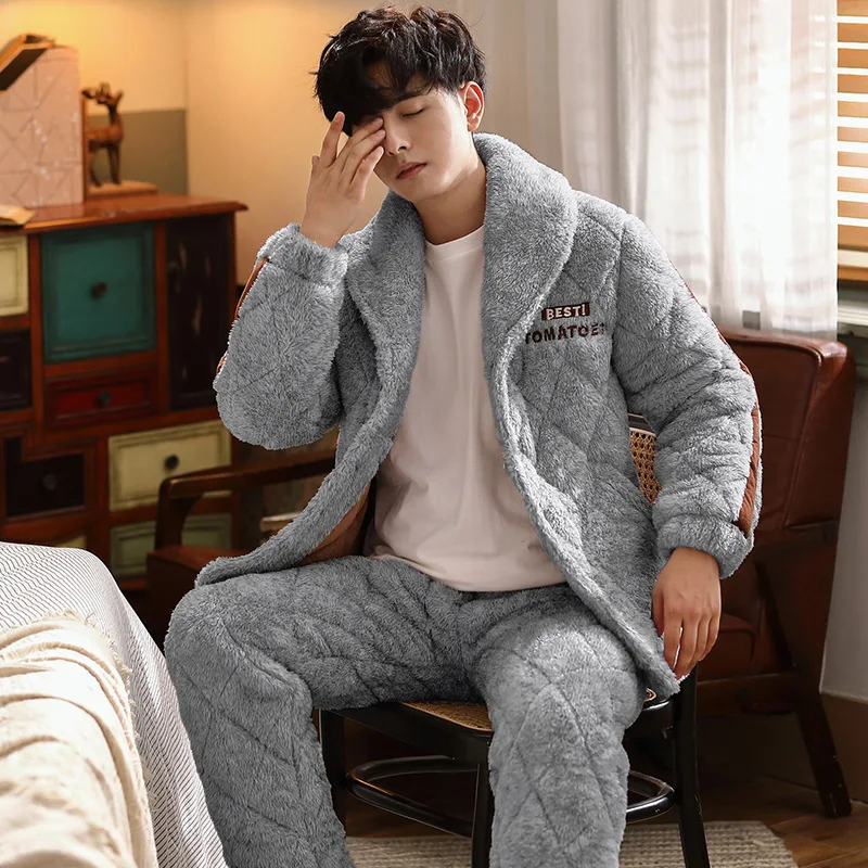 Men's Pajamas Winter Three-layer Quilted Plus Velvet Thick Coral Fleece Suit Flannel Warm Home Service Autumn and Winter Fashion