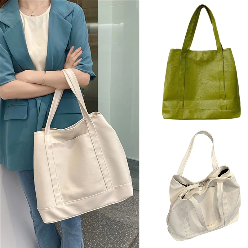 Women Large Soft Tote Bags For Ladies Shopper Handbags PU Leather Female Shoulder Summer 2021 Green White Retro | Багаж и сумки
