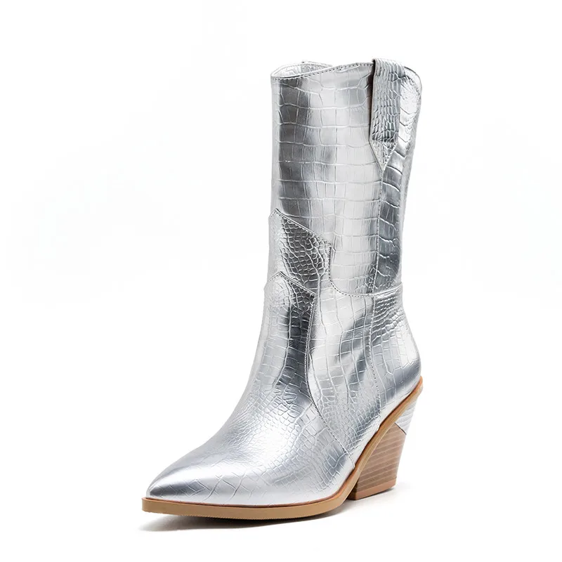 silver Short plush Большие размеры 33-46; коллекция года; Брендовые женские ботинки до середины икры; женские модные ботинки на высоком каблуке; женские ботинки из микрофибры; сезон осень-зима - Цвет: silver Short plush