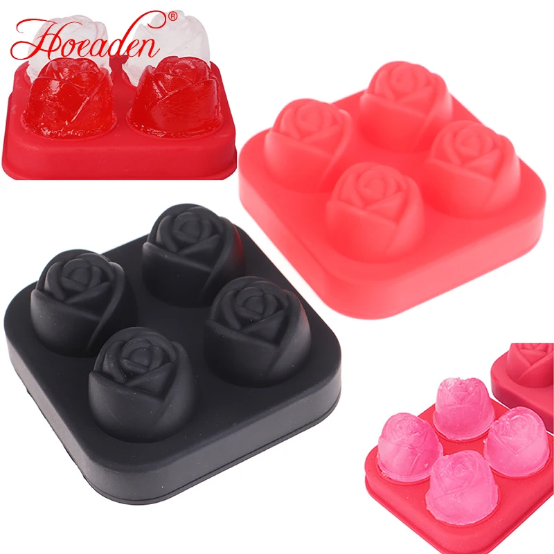 

4 Grids Ice Cube Form Silicone Rose Shape Ice Cream Mold Reusable Ball MakerAA