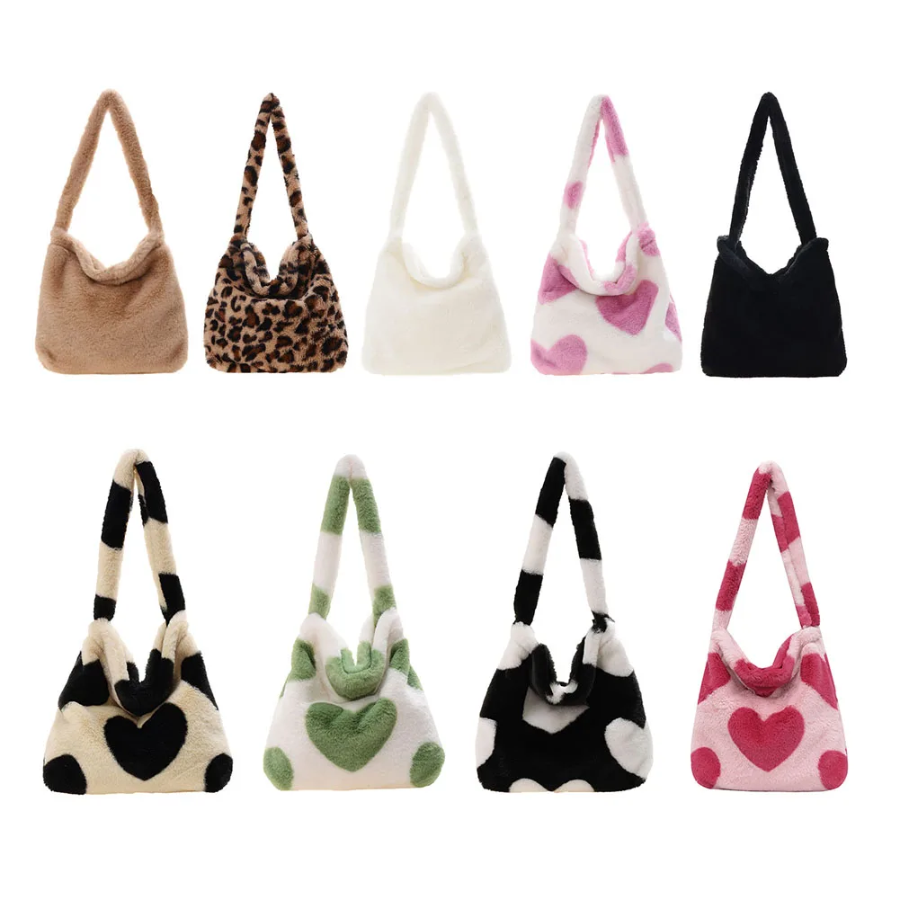 Retro Leopard Print Bags For Women 2021 Soft Plush Shoulder Bags Female Large Capacity Travel Bag Winter Warm Fluffy Totes
