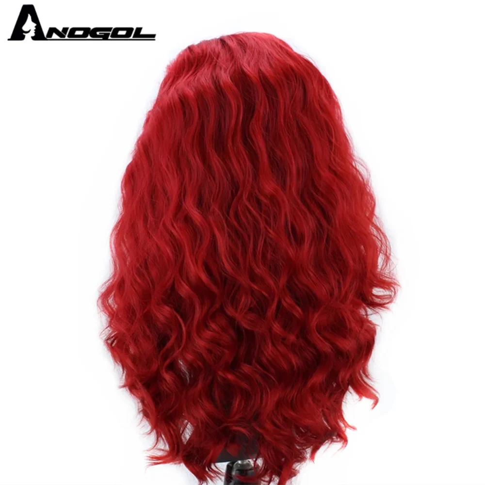 Anogol Красный синтетический кружевной передний парик с бесплатной частью