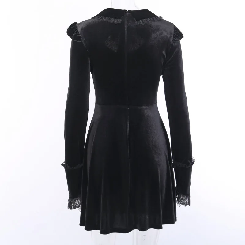

FSNFOX Lace Trim Hollow Out Long Sleeve Goth Dress Aesthetic Velvet High Wasit Bow Crop Dress Vintage Lolita Harajuku Dresses