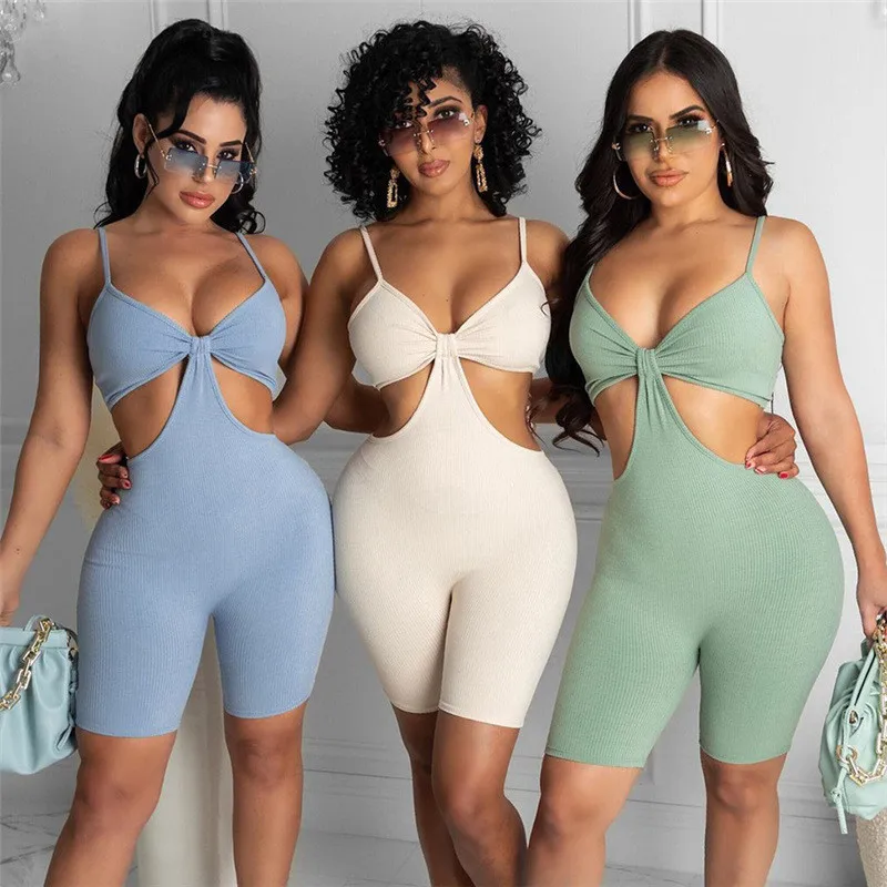 

CHRONSTYLE Summer Ribbed Knitted Hollow Out Romper Women Workout Skinny Sling V-neck Stretchy Sporty Playsuit Streetwear Outfits