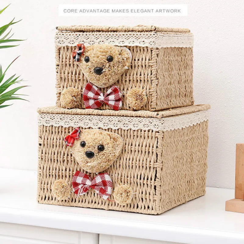 Мультяшный медведь натуральная плетеная корзина из ротанга Настольная