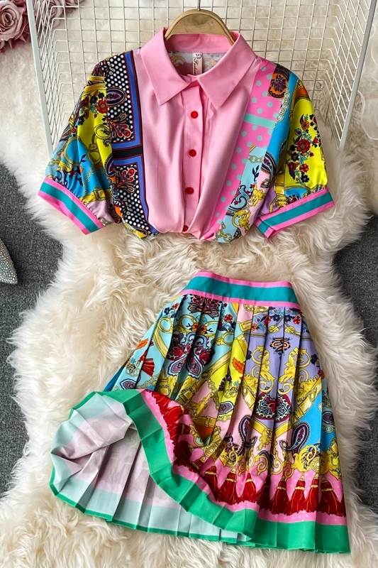 

British style fried street suit female 2021 summer new ladies print shirt college style pleated skirt two-piece trend