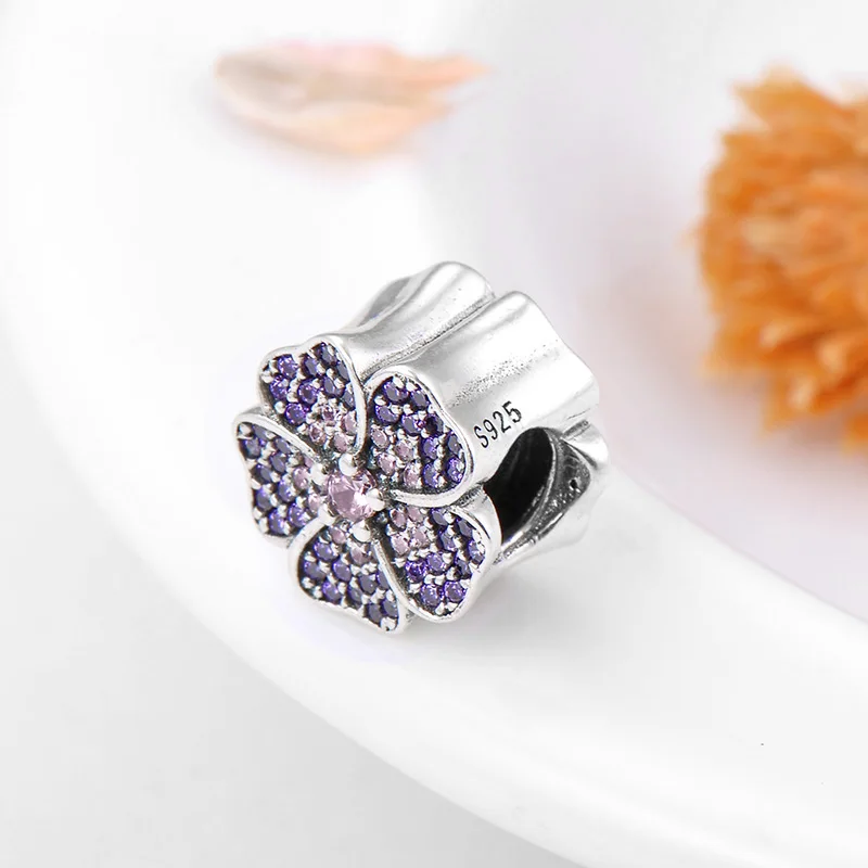 Authentic 925 Sterling Silver Sparkling Purple flowers CZ beads Fit Original European Charm Bracelet Jewelry making | Украшения и