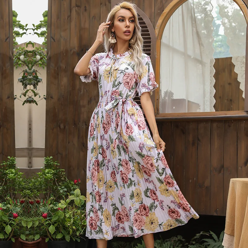 

Printed Ruffled Short Sleeves Double Drawstring Pleated Dress for Women European American Summer High Waist Pleated Dress New