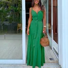 Летнее зеленое платье-туника макси с V-образным вырезом, женское платье с поясом, элегантные вечерние длинные платья на бретелях-спагетти, повседневные платья для женщин