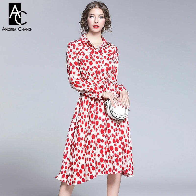 Женское платье с рисунком в горошек повседневное милое до щиколотки белым фоном