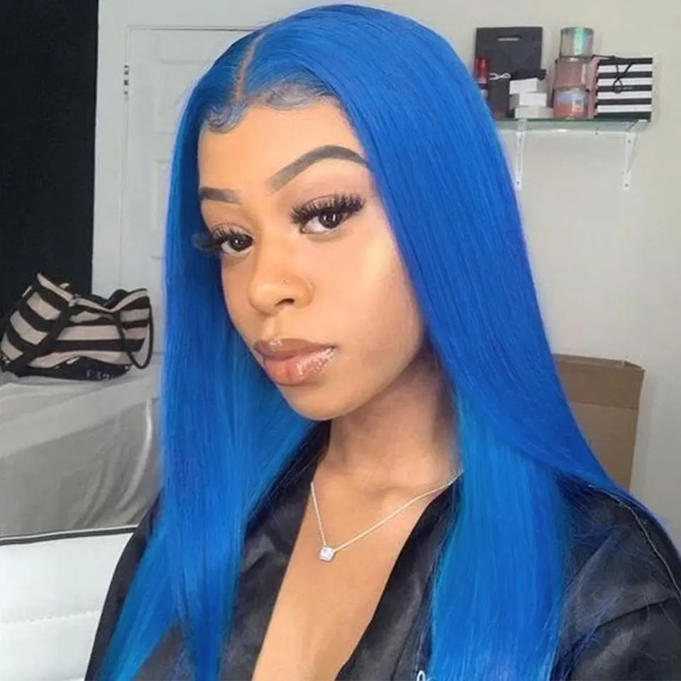 

SWAN Blue Lace Frontal Human Hair Wigs Brazilian Hair Wigs Human Hair Wigs 150% Density T Part Burgundy Lace Front Wig Pink Red