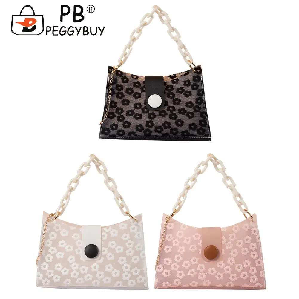 

Casual PU Leather Underarm Bags Female Acrylic Chain Subaxillary Bags Flower Embroidery Lace Shoulder Handbags